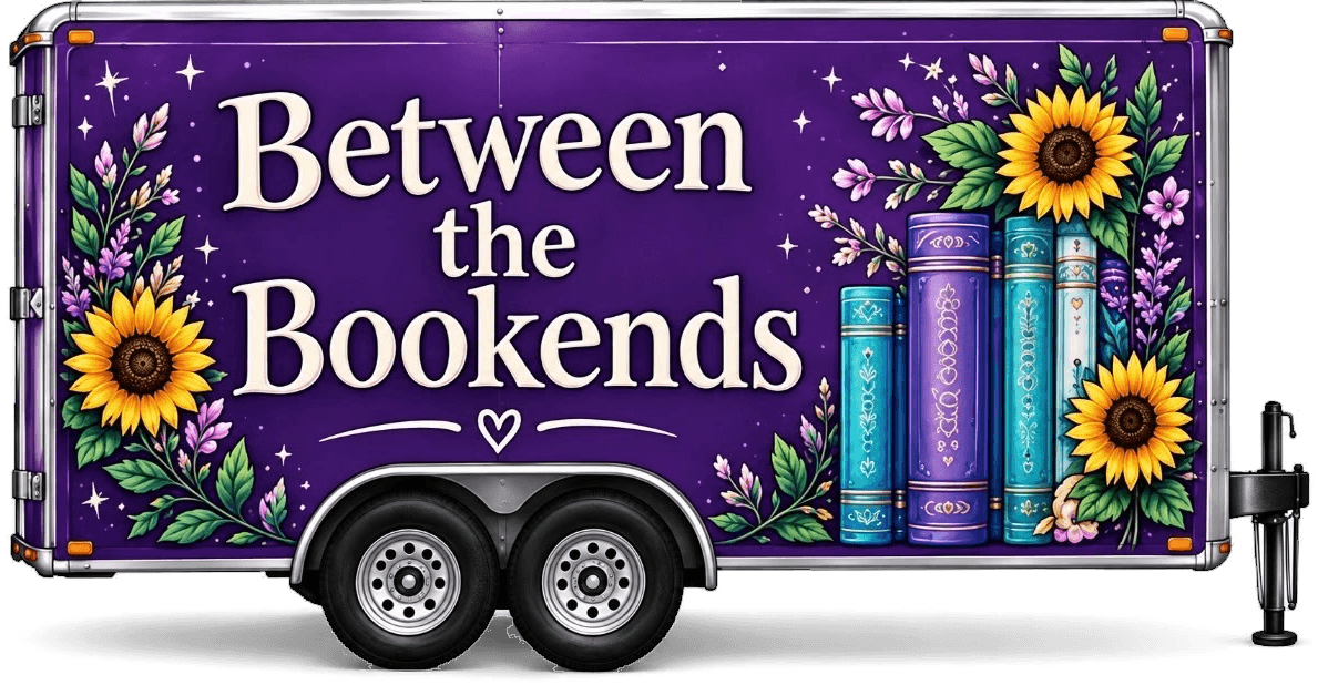 The Between the Bookends trailer: a purple trailer painted with sunflowers, lavender, and a row of books